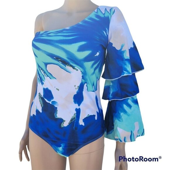 One Shoulder Tie Dye Floral Swimsuit . Size Large. NWOT. - Picture 6 of 11